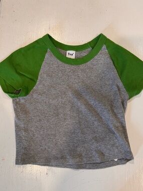 TNA Grey Ribbed Tee with Bright Green Raglan Sleeves